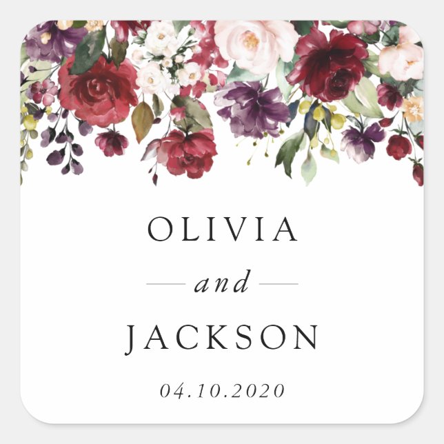 Pegatina Cuadrada Flores de Borgoña, flores rosas, vegetación, Boda (Anverso)