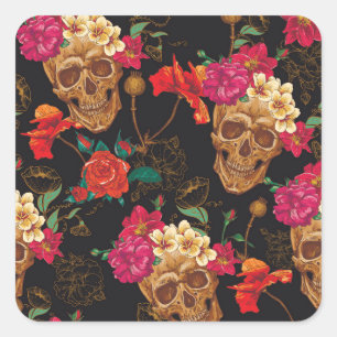 Pegatina Cuadrada Flores De Calavera: Fondo Oscuro Sin Marea.