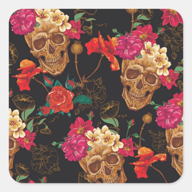 Pegatina Cuadrada Flores De Calavera: Fondo Oscuro Sin Marea. (Anverso)