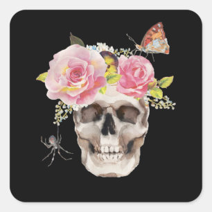 Pegatina Cuadrada Flores de calavera Mariposa Araña Regalo Halloween