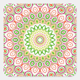 Pegatina Cuadrada Flores de caleidoscopio rosa, verde, amarillo y Na