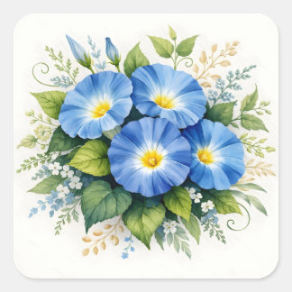 Pegatina Cuadrada Flores de campanilla de la mañana azul acuarela