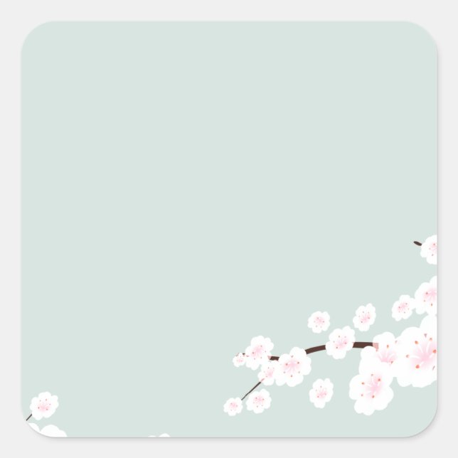 Pegatina Cuadrada Flores de cerezo con fondo verde de menta (Anverso)