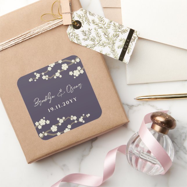 Pegatina Cuadrada Flores de cerezo crema Boda morado de sakura blanc (Regalar)