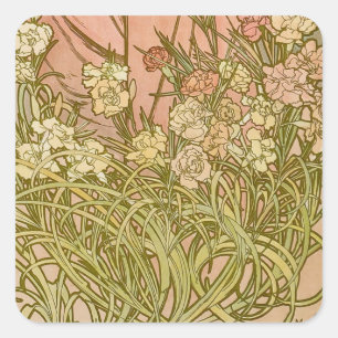 Pegatina Cuadrada Flores de clavel floral Art Nouveau Alfonse Mucha