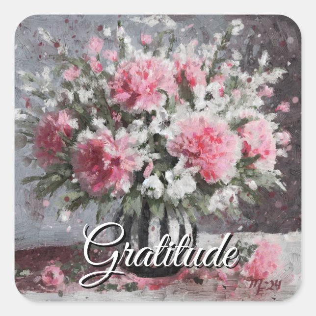 Pegatina Cuadrada Flores de claveles rosados en grano (Anverso)