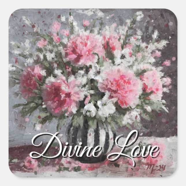 Pegatina Cuadrada Flores de claveles rosados en grano (Anverso)