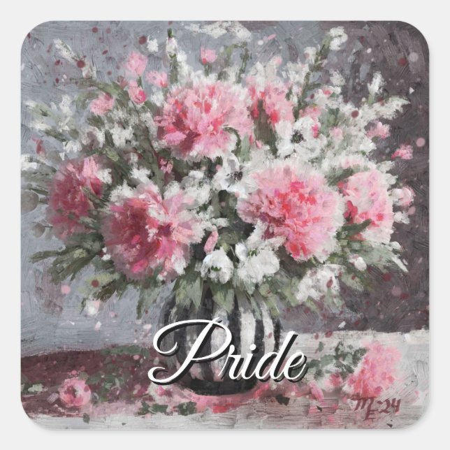 Pegatina Cuadrada Flores de claveles rosados en grano (Anverso)