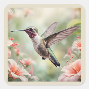 Pegatina Cuadrada Flores de colibrí Arte Acuarela
