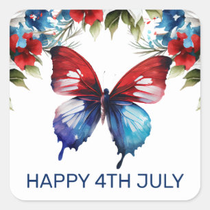 Pegatina Cuadrada Flores de color de agua rojo, azul y blanco 4 de j