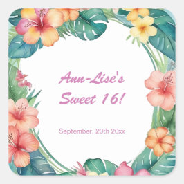 Pegatina Cuadrada Flores de colores Cumpleaños Hawái