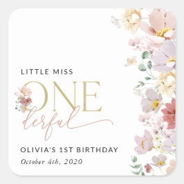 Pegatina Cuadrada Flores de colores, flores silvestres, primer cumpl