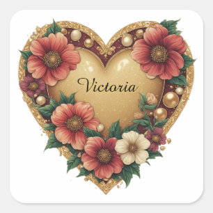 Pegatina Cuadrada 💞 Flores De Corazón De Oro Romántico Para Correo