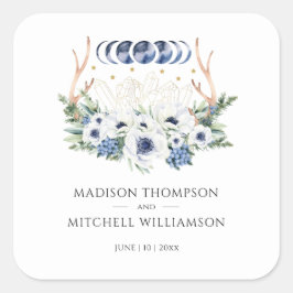 Pegatina Cuadrada Flores de cristales lunares Boho Boda metafísico