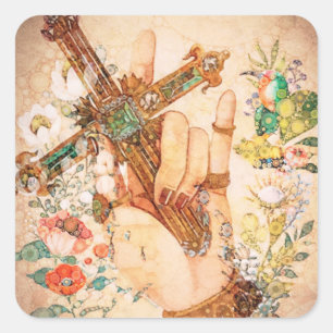 Pegatina Cuadrada Flores de cruz de mano Art Retro Vintage Christeni