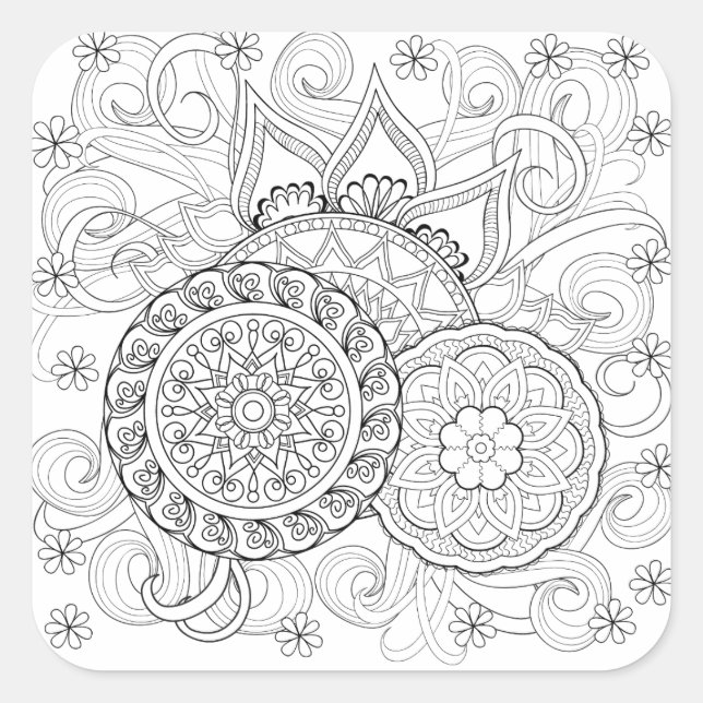 Pegatina Cuadrada Flores De Doodle Y Mandalas (Anverso)