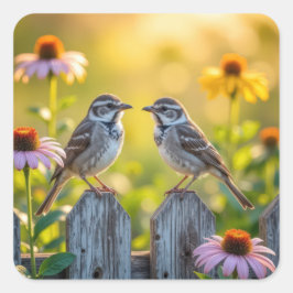 Pegatina Cuadrada Flores de espárragos y conos por una valla de made