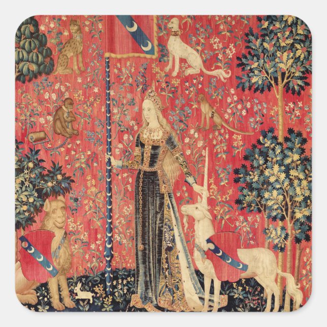 Pegatina Cuadrada Flores de Fantasía, animales, DAMAS Y UNICORN (Anverso)