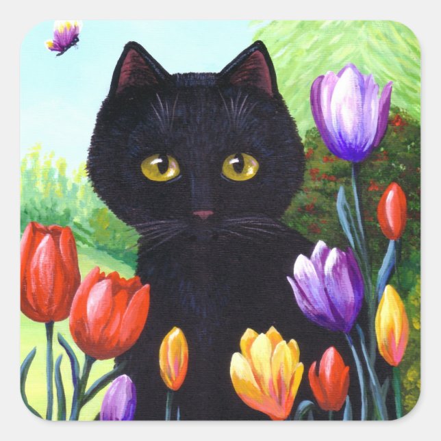 Pegatina Cuadrada Flores de gato negro lindo Tulips Creationarts (Anverso)