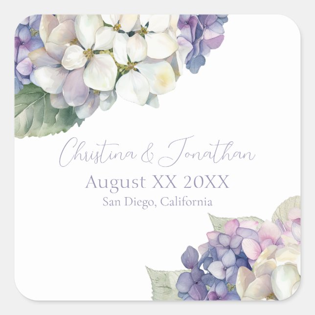 Pegatina Cuadrada Flores de hidrangea moradas y blancas (Anverso)