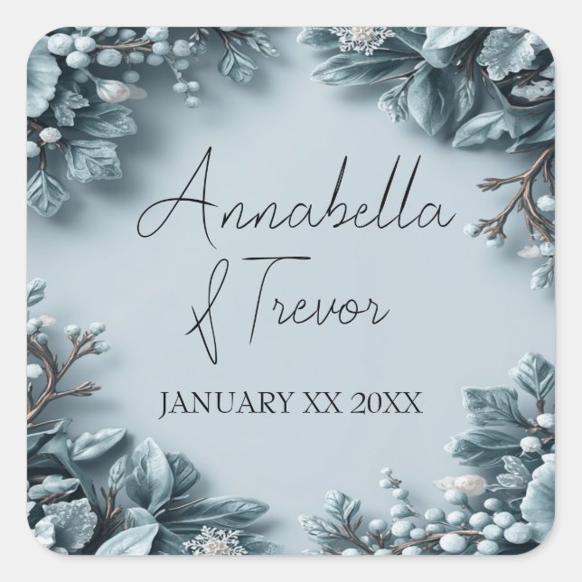 Pegatina Cuadrada Flores de Invierno Heladas Boda Nombre Personaliza (Anverso)