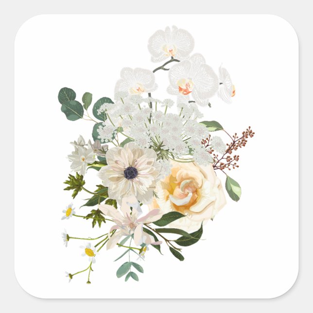 Pegatina Cuadrada Flores de jardín de diseño de ramo floral. (Anverso)