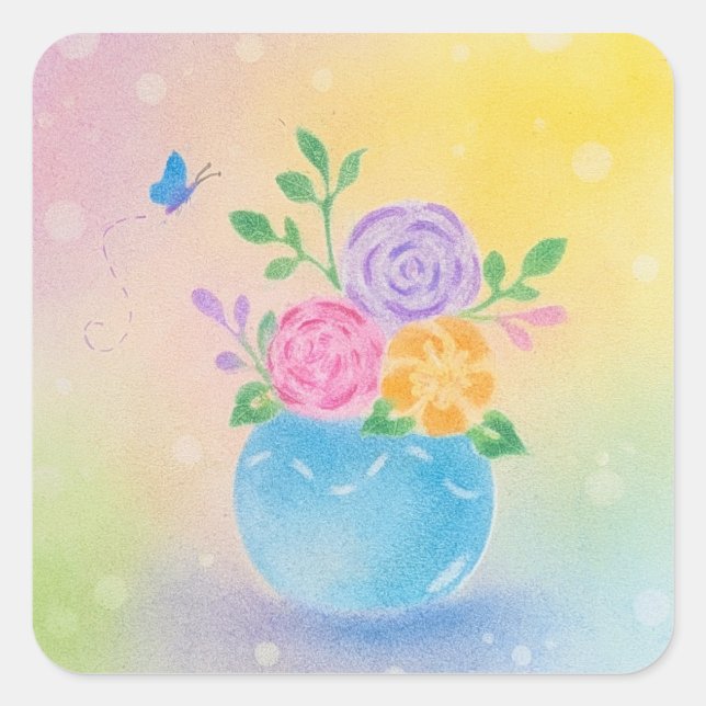 Pegatina Cuadrada Flores de Jarrón Pastel Arte Mariposa (Anverso)