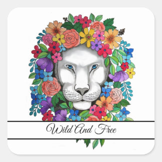 Pegatina Cuadrada Flores De León Y Arcoiris De Color Del Agua