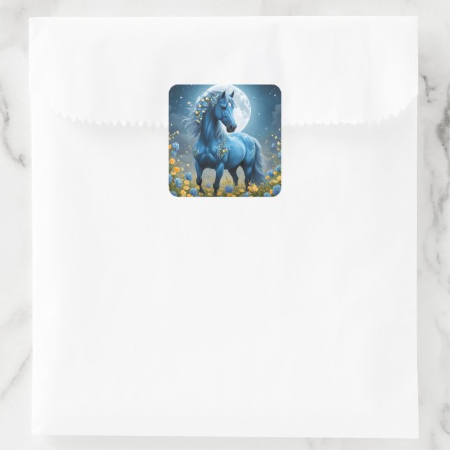 Pegatina Cuadrada Flores de luna de caballo mágico azul, (Bolso)