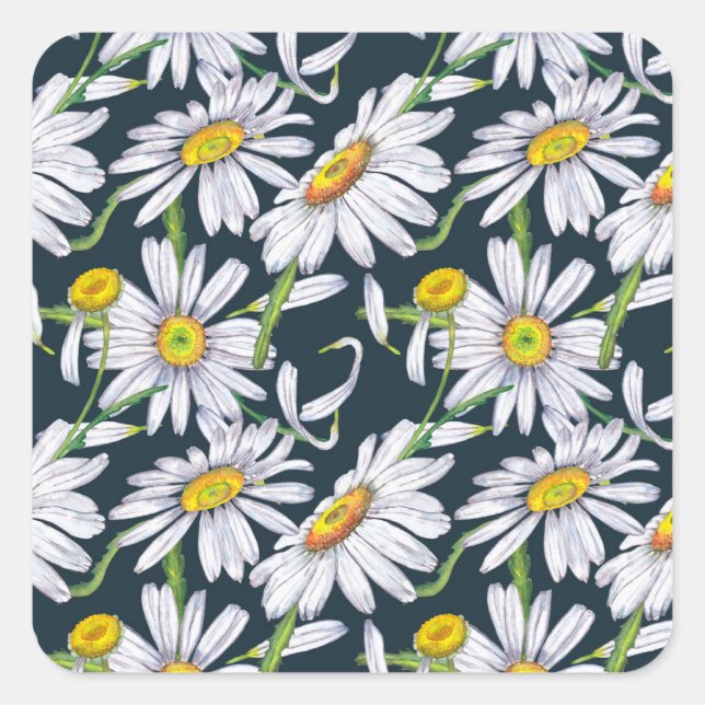 Pegatina Cuadrada Flores de Manzanilla: Acuarela de Agua Azul Oscuro (Anverso)