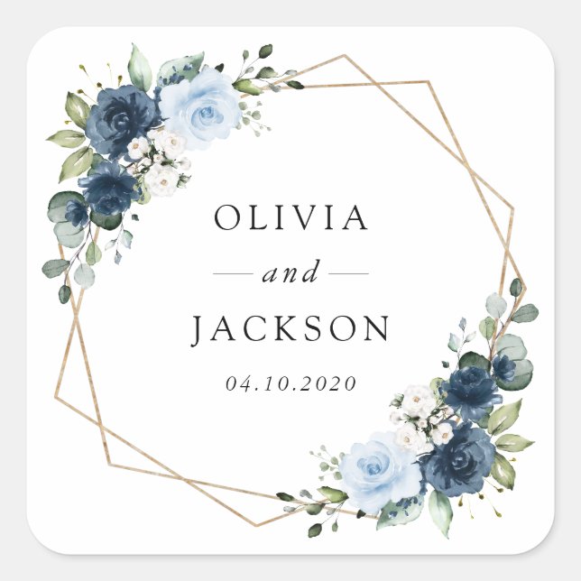Pegatina Cuadrada Flores de marina, flores azules, boho, Boda floral (Anverso)