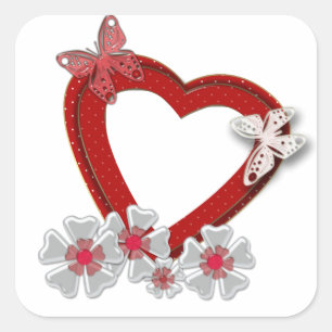 Pegatina Cuadrada flores de mariposa de corazón rojo día de San Vale