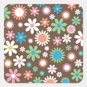Pegatina Cuadrada Flores de marrón vintage floral daisal retro Prima