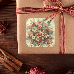 Pegatina Cuadrada Flores de Navidad Vintage elegantes