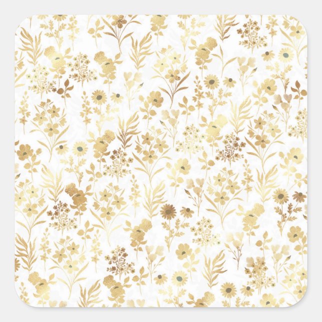 Pegatina Cuadrada Flores de oro elegantes botánicas blancas (Anverso)