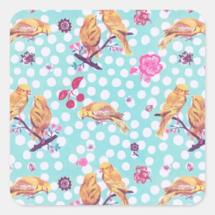 Pegatina Cuadrada Flores de pájaro de cerezo con flores de cerezo pi