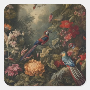 Pegatina Cuadrada Flores de pájaros botánicos vintage en el paraíso