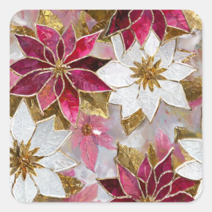 Pegatina Cuadrada Flores de Pascua Burgundy Rosa Oro Blanco Navidad