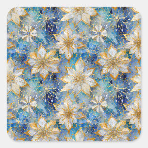Pegatina Cuadrada Flores de Pascua de Navidad de Oro Blanco Azul