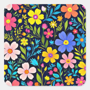 Pegatina Cuadrada Flores de pintura digital floral Patrón-38875