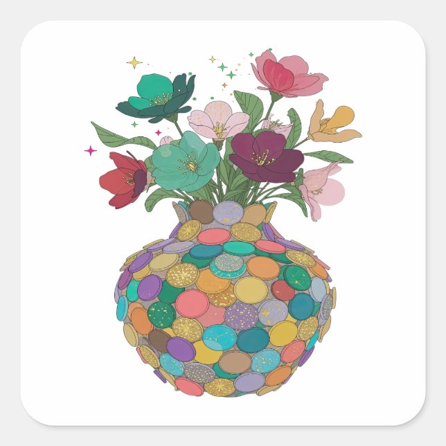 Pegatina Cuadrada Flores de plata llamativas en estilo de vinilo (Anverso)