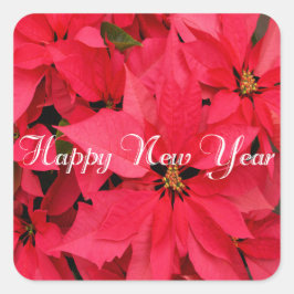 Pegatina Cuadrada Flores de Poinsettias Rojas Feliz Año Nuevo feliz