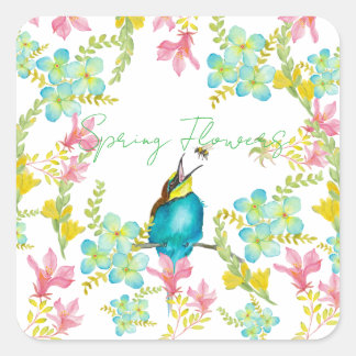 Pegatina Cuadrada Flores de primavera acuarela