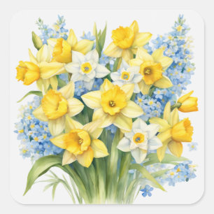 Pegatina Cuadrada Flores de primavera al acuarela narcisos