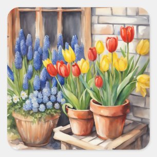 Pegatina Cuadrada Flores de primavera al acuarela Tulipanes Jacintos