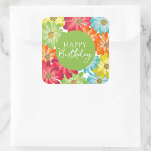 Pegatina Cuadrada Flores de primavera coloridas y felices cumpleaños