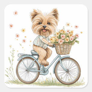 Pegatina Cuadrada Flores de primavera en bicicleta de perro de Yorki