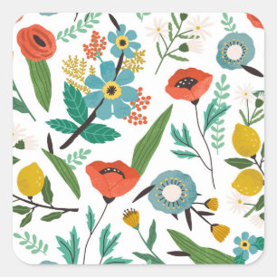 Pegatina Cuadrada Flores de primavera: patrón floral sin foco
