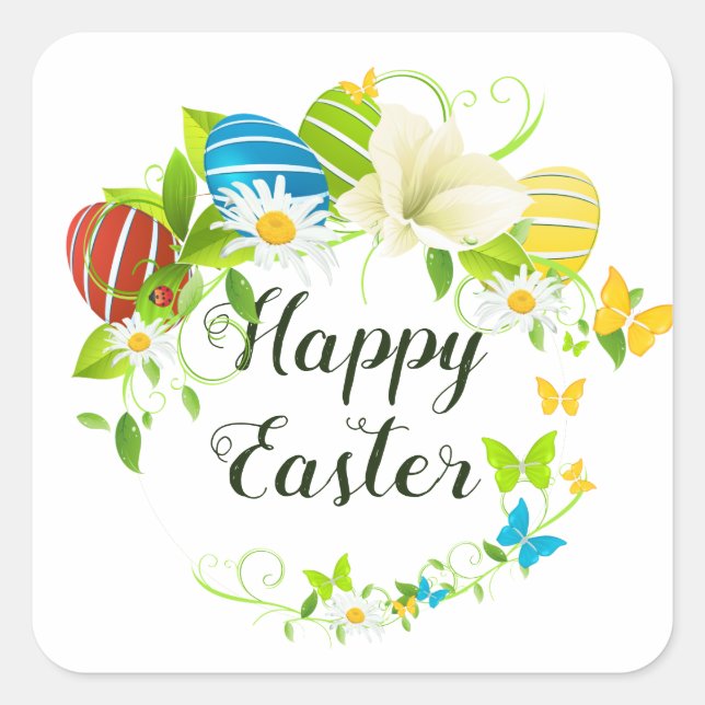 Pegatina Cuadrada Flores de primavera y mariposas en los huevos de P (Anverso)