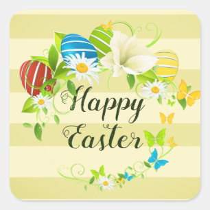 Pegatina Cuadrada Flores de primavera y mariposas en los huevos de P
